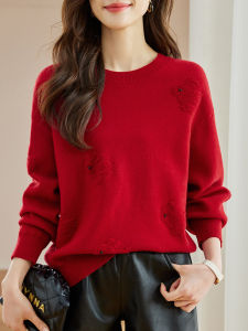 Lamb Wool Knitted Sweater Autumn Winter Loose plus Size New Year Red Slimming Lucky Year Base Shirt Korean Style round Neck Long Sleeve