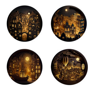 4 castle-print coasters suitable for daily family party decoration office non-slip wooden coasters holiday gifts