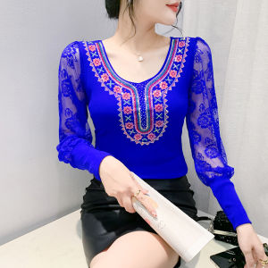 YIMEI 2024 autumn new European station high-end blue womens T-shirt slim fit and slimming round neck base shirt beautiful lace long sleeved rhinestone mesh top