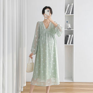Spring Autumn New Fashion Love Jacquard V-neck Loose Pregnant Women Dress Mid-length Skirt Maternity Dress