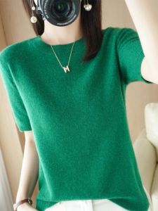 Loose Fit Wool Knitted Short Sleeve T-Shirt Korean Style Commute Fashion Softened mid Thickness Short Length Overhead Top