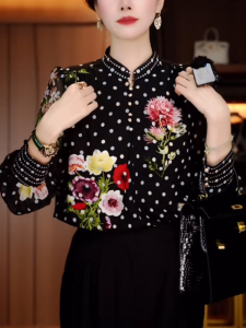 Slimming Polka Dot Print Stand Collar Long Sleeve Womens Top Korean Style Loose Fit Overhead Base Shirt Autumn New Arrival