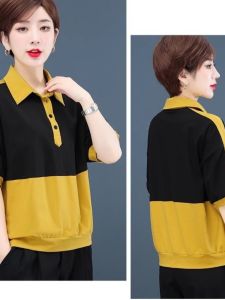 Áo Thun Cotton Polo Cổ Tròn Tay Ngắn Màu Khối Họa Tiết Sọc Rộng Rãi Cỡ Lớn Che Bụng Giảm Tuổi Tác Cho Phụ Nữ Trung Niên