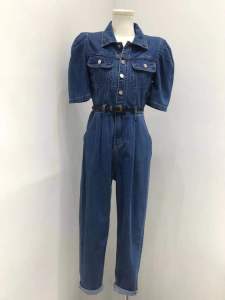 Misseeyou 2021 New Style High Waist Bubble Sleeve Soft Denim Jumpsuit Womens Fashion Retro Korean Clothing Straight Leg Long Pants