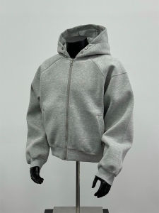 American Style Boxy Fit Hoodie Cardigan Mens Autumn Winter Short Shape Jacket Cleanfit Casual Long Sleeve Zipper Pure Color