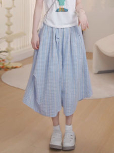 Shalldoer | Sweet Korean Style High Waist Plaid Casual Pants Womens Light Blue Summer Slimming Loose Wide Leg Trousers Fashionable Shorts