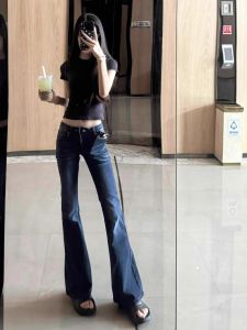 กางเกงยีนส์ทรงขาบานเอวต่ำสไตล์อเมริกันสำหรับผู้หญิงไซส์ใหญ่ กางเกงยีนส์ทรงเข้ารูปเอวต่ำทรงหลวมสำหรับฤดูใบไม้ผลิและฤดูใบไม้ร่วง