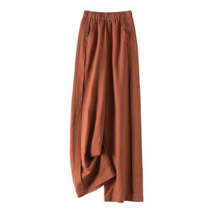 TUOYUN | Orange Tencel Linen Wide Leg Pants Women Summer Thin Loose Straight Cut Elastic Waist Casual Style High Waist Pocket Detail