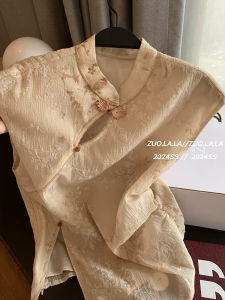 เสื้อเชิ้ตแขนกุดคอตั้งสไตล์จีนย้อนยุคสำหรับผู้หญิงไซส์ใหญ่ ทรงสลิมฟิต ปักลาย กระดุม แฟชั่นฤดูร้อน