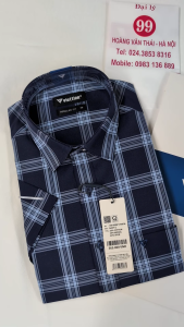 [Việt Tiến] Áo Sơ Mi Ngắn Tay - Regular Fit - Vạt Vuông - Kẻ ô màu xanh navy
