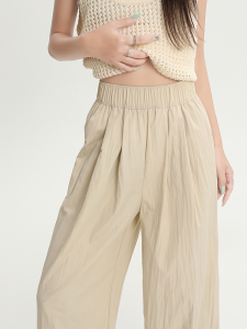 กางเกงขายาวทรงหลวมเอวสูงผ้าไหมน้ำแข็งสีชมพูสำหรับฤดูร้อน กางเกงขายาวลำลองผู้หญิง กางเกงขายาวทรงหลวมสบาย ๆ แห้งเร็ว