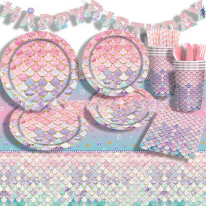 Pink Mermaid Scallop Shell Childrens Birthday Party Decoration Dishware Princess Theme Nursery Decorations Tableware Set