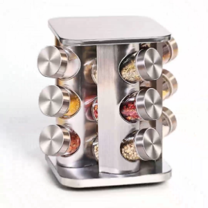 Revolving Spice Rack Tower Organizer Set with Glass Bottles Stainless Steel Seasoning Holder Rotate AT