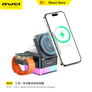 Awei W25 3 in 1 Wireless Charging Dock Foldable Adjustment Wireless Charger Stand Colorful Night Light Fast Charging Holder Smart Touch Control Support QI Wireless ChargingCompatible with Smart Watch Phone Earphone