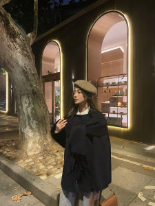 เสื้อคลุมขนสัตว์สองด้านสำหรับผู้หญิง ฤดูใบไม้ร่วง 2023 เสื้อคลุมยาวปานกลาง แขนยาว ปกตั้ง กระดุมเดียว ผ้าขนสัตว์ผสม