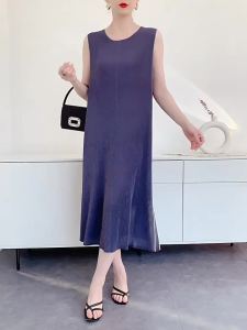 L–1042F #   One Size (45-75kg) Miyake Pleated Women Summer Sleeveless Mid-Length Slimming Printed Dress