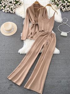 Fashion Suit Womens K-style Long Sleeves V Neck Waist Trimming Knitted Outwear Camisole Three-Piece Set High Waist Wide Leg Pants
