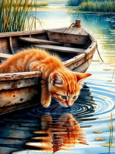 Huacan New Arrivals Diamond Painting Waterfront Orange Cat Diamond Embroidery Animal Landscape Complete Kit Gift