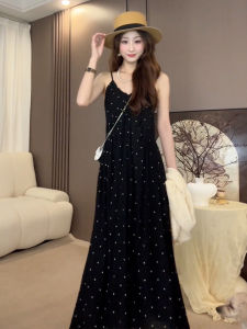 Y6Y | Váy dài không tay màu đen họa tiết chấm bi cho nữ mùa hè 2025 Váy midi cạp cao đi biển váy dự tiệc váy công sở váy dự tiệc