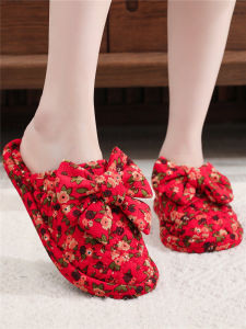 Cute Butterfly Knot Cotton Slippers Womens Autumn Winter New Indoor Home Fabric Bottom Silent Cover Foot Cotton Slippers