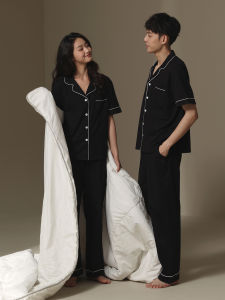 ชุดนอนผ้าฝ้ายบางแขนสั้น กางเกงขายาว ชุดนอนคู่รัก ชุดอยู่บ้าน ฤดูร้อน 2025 ชุดนอนผ้าฝ้ายแท้สีพื้น สไตล์เรียบง่าย แขนสั้น ชุดนอนคู่รัก