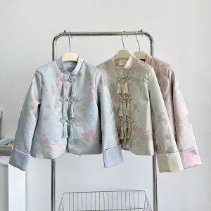 Blue Embroidered Button up Silk Satin Short Jacket Stand Collar Vintage Chinese Style Early Spring New Arrival Womens Outerwear