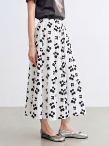 Basic House | White Base Black Flower High Waisted Mid Length Flowy A-Line Skirt