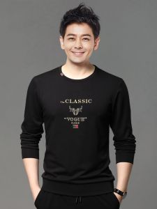 ROMON | Lormen Mens Long Sleeve T-shirt Casual Round Neck Silk Print Sweatshirt Spring Autumn Loose Fit Fashion Urban Style Base Shirt