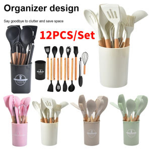 12Pcs Kitchen Utensil Set Silicone Spatula Set with Holder Non-Stick Spatula Set Spatula Spoon Brush Whisk Kitchen Supplies