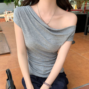 เสื้อยืดแขนสั้นคอวีสีเทาแฟชั่นฤดูร้อน ทรงเข้ารูป ทรงเข้ารูป สไตล์เกาหลี แขนสั้น ปกติ