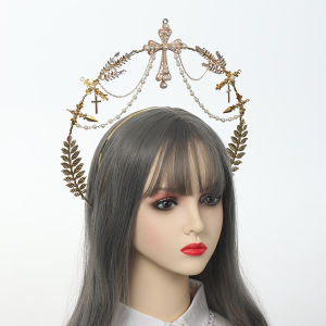 Women Golden Cross Halo Crown With Beads for Show Bridal Party Headpiece