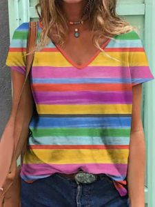 Áo Thun Tay Ngắn Cổ Chữ V in Sọc Phong Cách Đường Phố Dáng Rộng Mùa Hè Cho Nữ