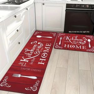 Thảm Nhà Bếp Họa Tiết Gỗ Đỏ VIKAMA Thảm Chống Trượt Heart Of The Home Slogan Trang Trí Bộ Đồ Ăn Có Thể Giặt Được Cho Lối Vào Hành Lang - 100% Polyester