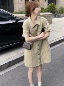 Slimming A-Line Polo Neck Denim Dress Short Sleeve High Waist Korean Style Summer Fashion Casual Elegant Long Skirt