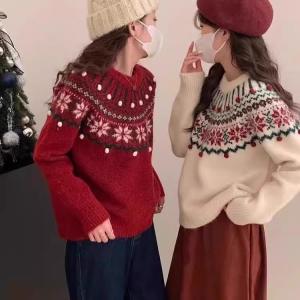 Retro Christmas New Year Thickened Knitted Island Sweater Womens Overhead Loose Autumn Winter Inner Wear Knitted Top