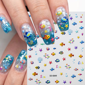 1Pcs 5D Embossed Tropical Fish Nail Stickers Starfish Coral Bubble Nails Decals for Summer Beach Holiday Manicure Decor Slider