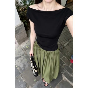 SENWA | Layered French Style Color Block Short Sleeve Slim Fitted Dress