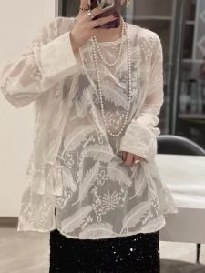 New Chinese Style Embroidered Lace Long Sleeve Womens Shirt Spring Autumn Large Size Tassel Buckle Base Flower Top