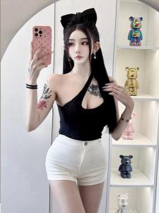 Áo Ba Lỗ Không Dây Ngắn Không Đều Pure Desire Dành Cho Nữ Mùa Hè Màu Đen Mặc Trong Ngoài Trời Áo Lót Cơ Bản Thời Trang Thường Ngày