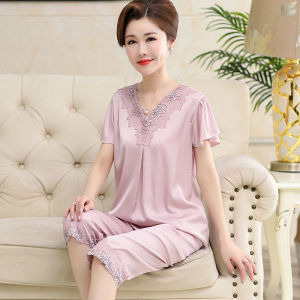 MiiOW | Bộ đồ ngủ lụa băng mùa hè cho phụ nữ MiiOW Cat Mom Áo chui đầu cổ chữ V dài tay quần ngắn mặc nhà thoải mái thoáng khí