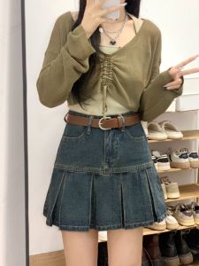Summer 2023 High Waist A-Line Mini Skirt Womens Denim Pleated Skirts American Retro Style Commute Pure Color Short Skirts