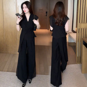 แฟชั่น 2 ชิ้นชุดผู้หญิงฤดูร้อน 2024 Chic Slimmingเสื้อชีฟองเอวสูงกางเกงขากว้างเส้นใยโพลีเอสเตอร์วัสดุ