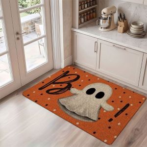 VIKAMA 1/2pcs Orange Polka Dot Boo Ghost Halloween Rug Non-Slip Floor Mat Bedroom Kitchen Entryway Fall Home Decor