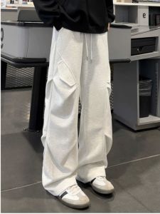 SUODUN | Leg-Lengthening Fall Straight Leg Loose White-Grey Pleated Bent-Knife Design Pants