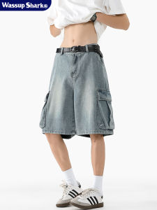 Quần Short Denim Nam WASSUP SHARK Retro Washed American Style Five-Point Casual Straight Leg High Street Trend Cotton Polyester