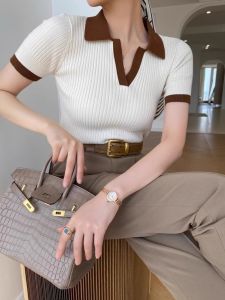 PEIXI | Retro Color Block Polo Neck Fitted Tshirt