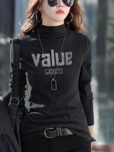 Slim Fit Ladies Long Sleeve T-Shirt Half High Collar Double Sided German Velvet Warm Base Shirt Autumn New Style Fashionable Commute