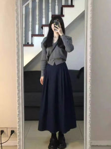 กระโปรงทรงเอเอวสูงสีดำ ชุดคาร์ดิแกนถัก ชุดสองชิ้น ฤดูใบไม้ร่วง/ฤดูหนาว กระโปรงยาวปานกลาง สไตล์เกาหลี ผ้าฝ้ายผสม