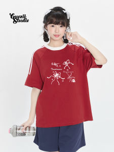 Guozii American Retro Patchwork Design Heavyweight Pure Cotton New Couples Short Sleeve T-Shirt Womens Sweet Cool Loose Fit Summer Top