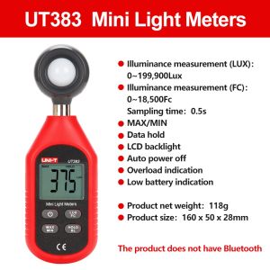 UNI-T UT383 Mini Light Meter 200000 LUX UT383BT Digital Luxmeter Photographic Illuminance Meter Lux Max Min Illuminometers FC Lightmeter